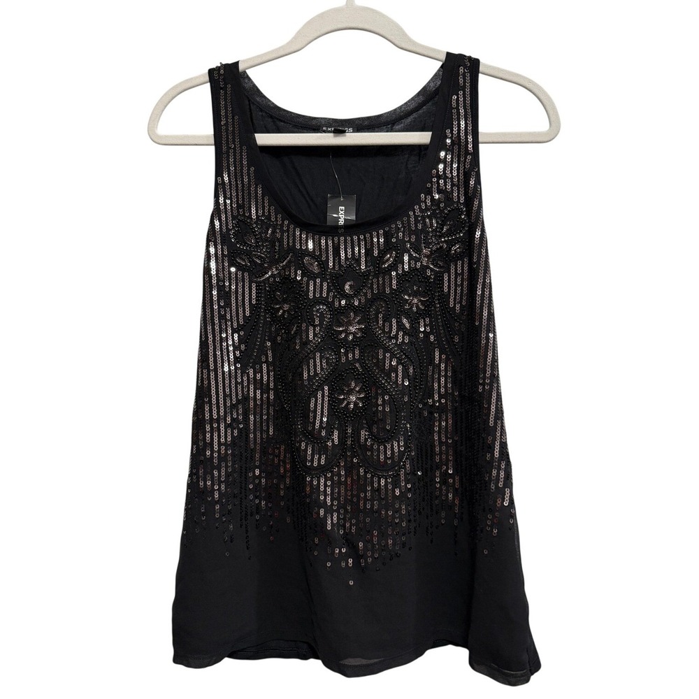 Express Womens S Black Sequin Embellished Scoop Neck Tank Top NWT  glam party